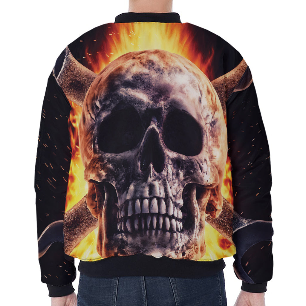 Flaming Skull And Cross Wrench Print Zip Sleeve Bomber Jacket