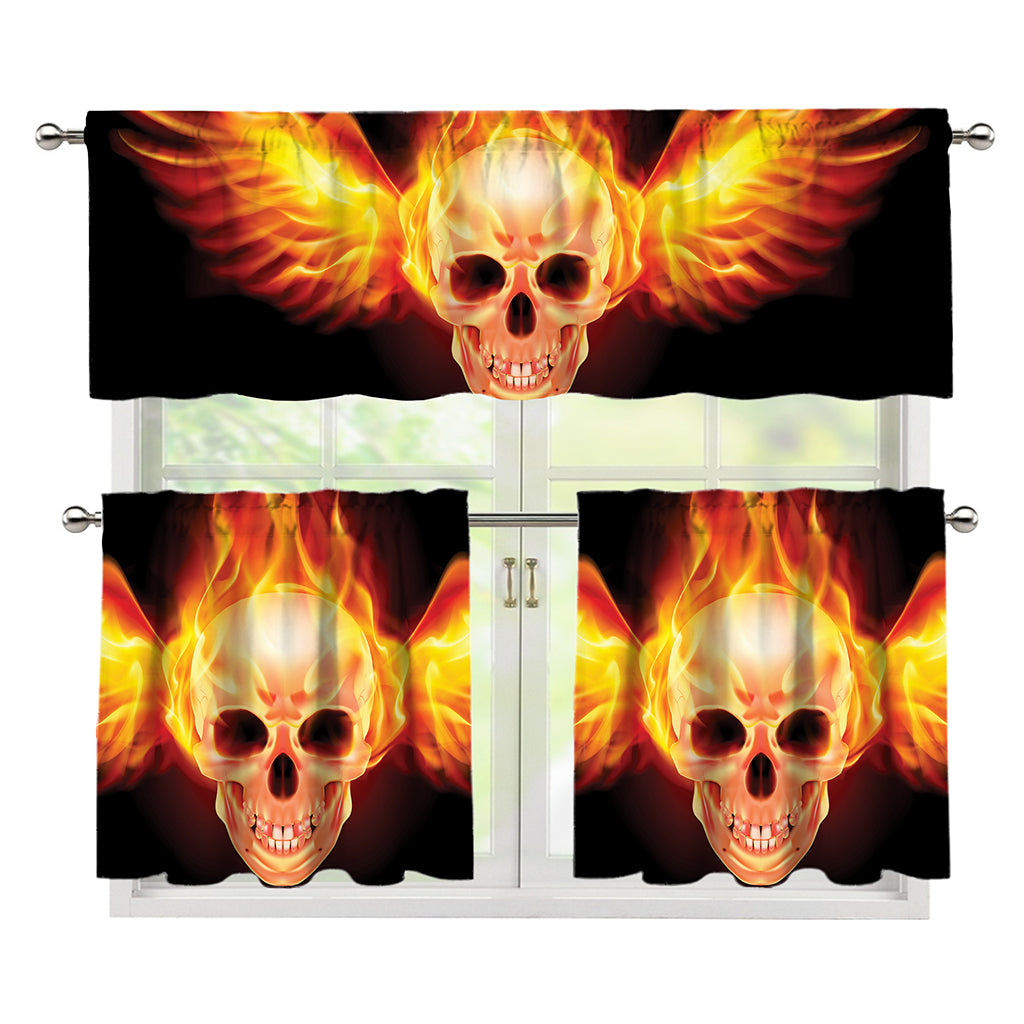 Flaming Skull With Fire Wings Print 3 Piece Kitchen Curtains