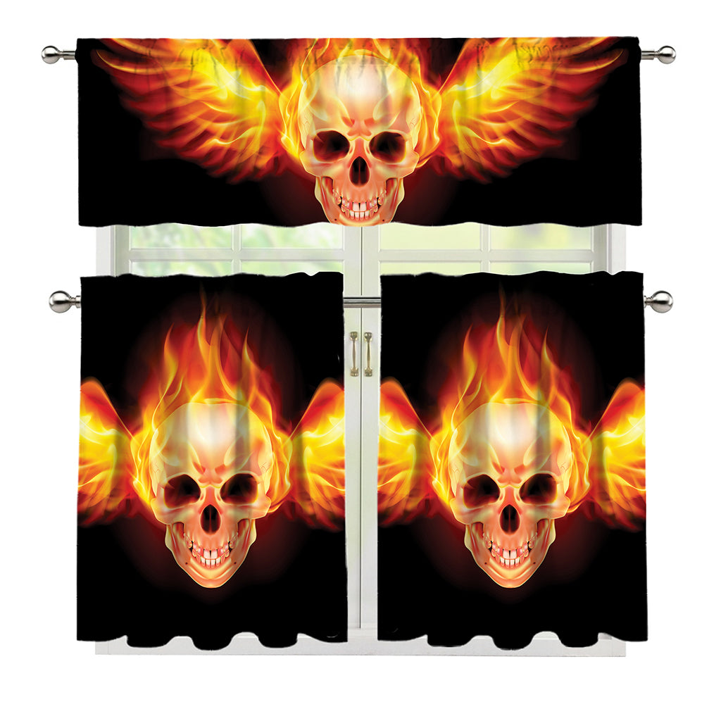 Flaming Skull With Fire Wings Print 3 Piece Kitchen Curtains