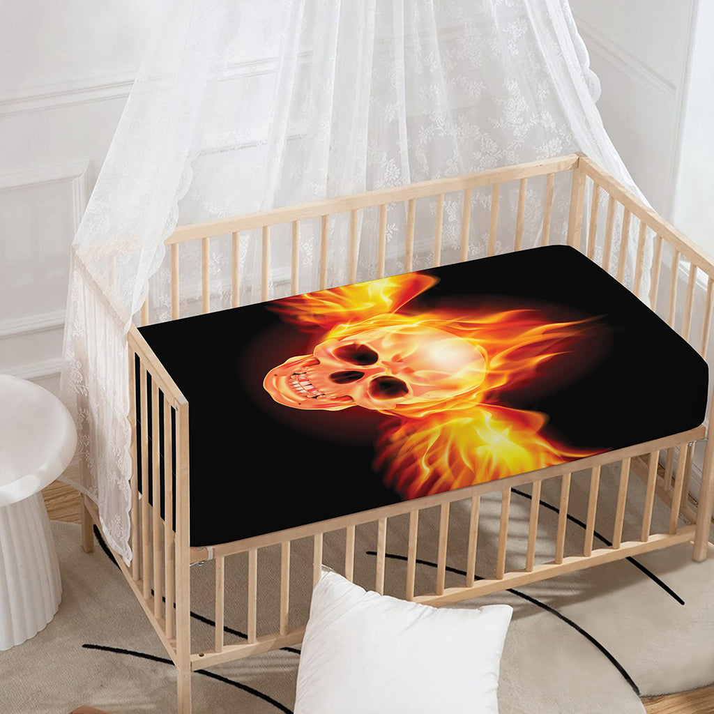 Flaming Skull With Fire Wings Print Baby Crib Sheet