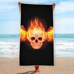 Flaming Skull With Fire Wings Print Beach Towel