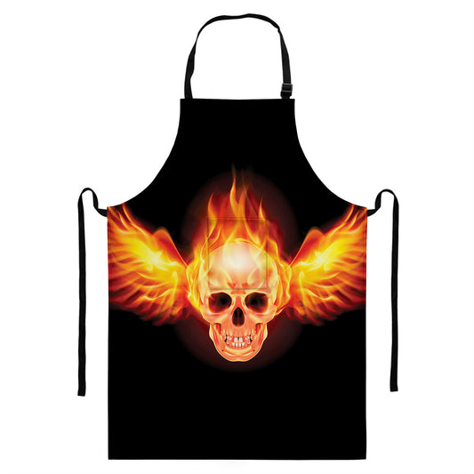 Flaming Skull With Fire Wings Print Bib Apron With Pocket
