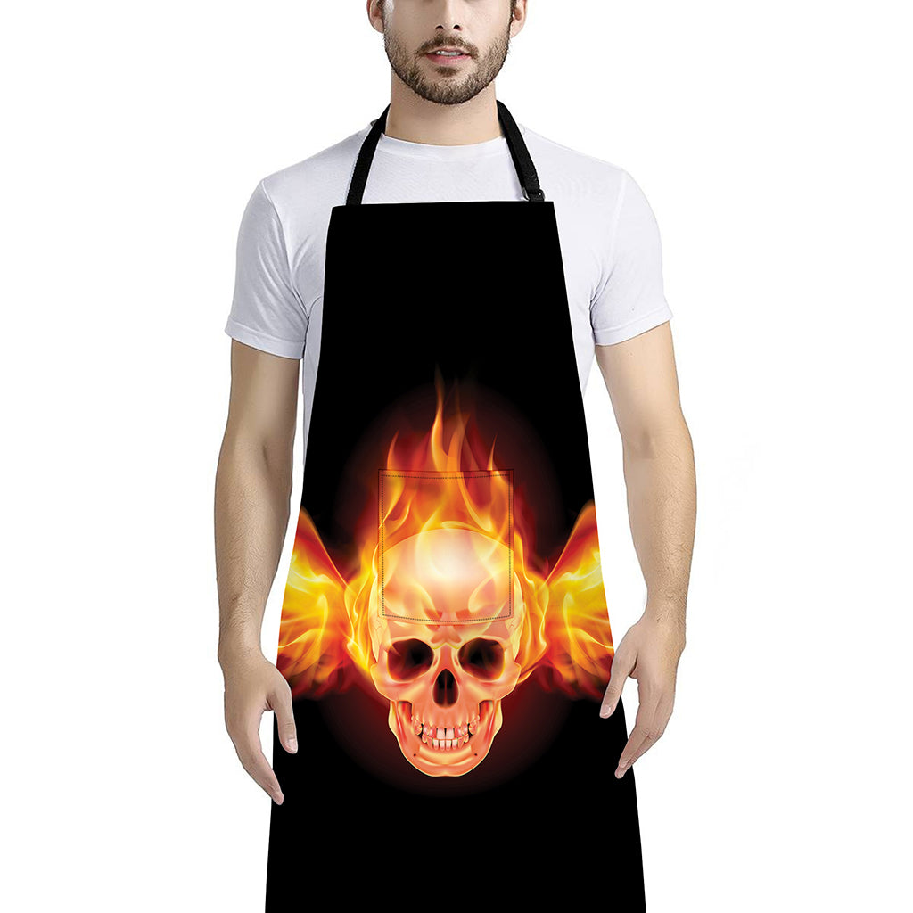 Flaming Skull With Fire Wings Print Bib Apron With Pocket