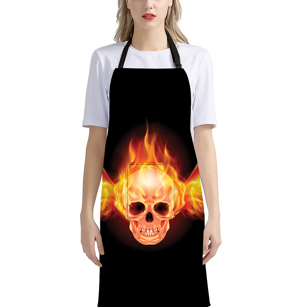 Flaming Skull With Fire Wings Print Bib Apron With Pocket