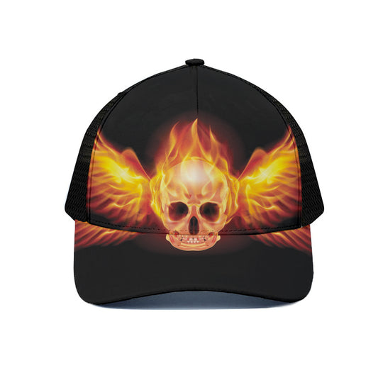 Flaming Skull With Fire Wings Print Black Mesh Trucker Cap