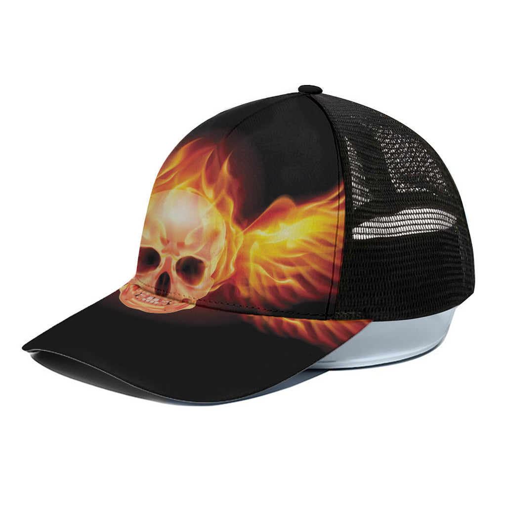 Flaming Skull With Fire Wings Print Black Mesh Trucker Cap
