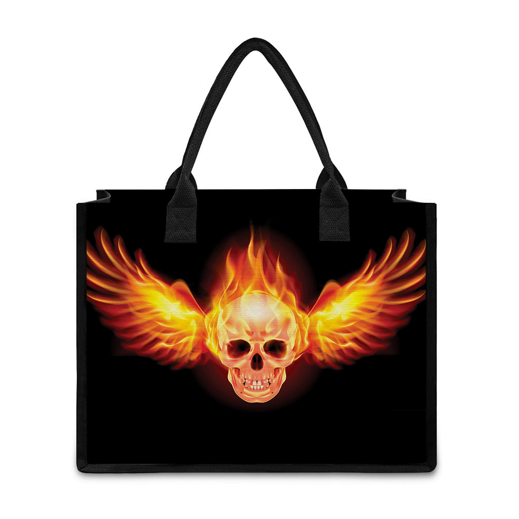 Flaming Skull With Fire Wings Print Canvas Tote Bag