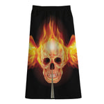 Flaming Skull With Fire Wings Print Cotton Front Slit Maxi Skirt