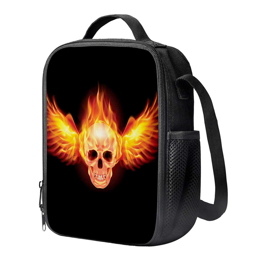 Flaming Skull With Fire Wings Print Crossbody Lunch Bag