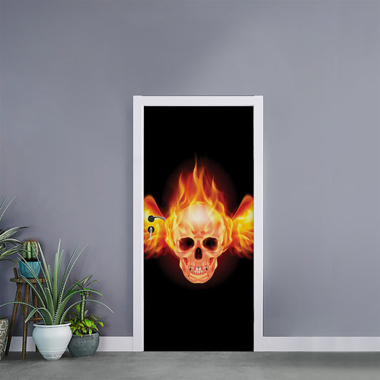 Flaming Skull With Fire Wings Print Door Sticker
