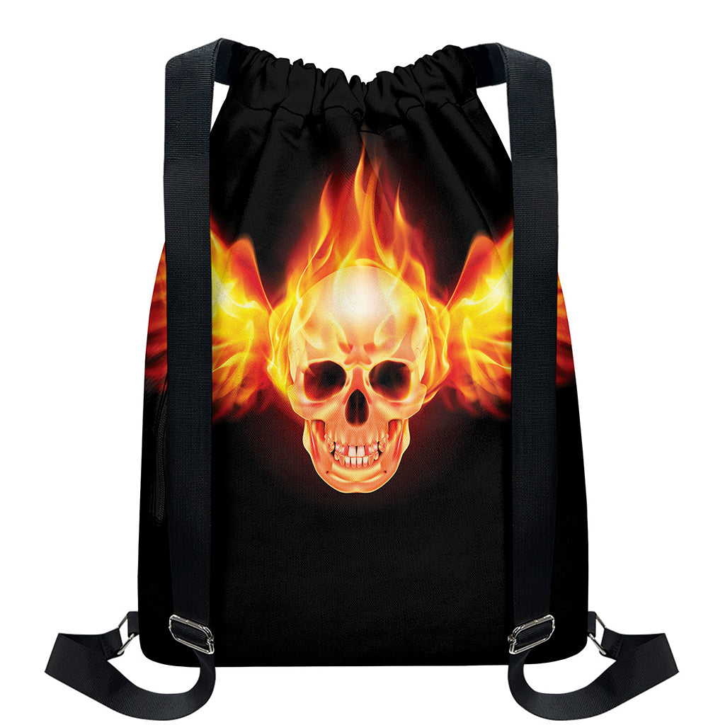 Flaming Skull With Fire Wings Print Drawstring Backpack