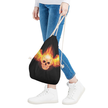 Flaming Skull With Fire Wings Print Drawstring Bag