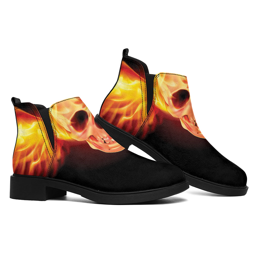 Flaming Skull With Fire Wings Print Flat Ankle Boots