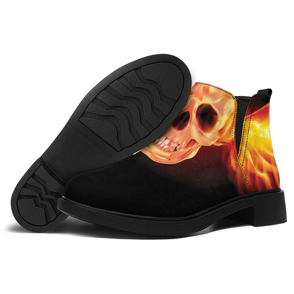 Flaming Skull With Fire Wings Print Flat Ankle Boots