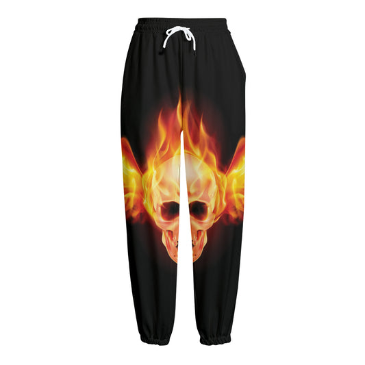 Flaming Skull With Fire Wings Print Fleece Lined Knit Pants