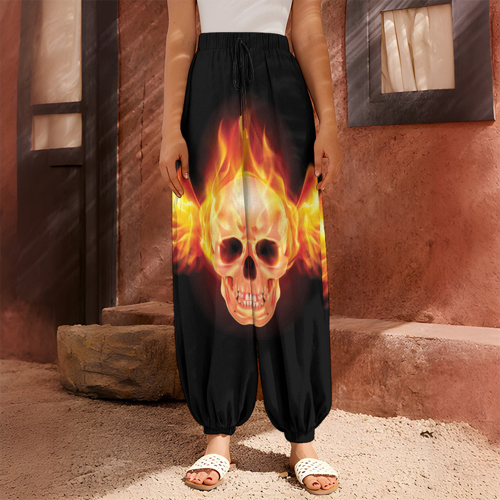 Flaming Skull With Fire Wings Print Harem Pants