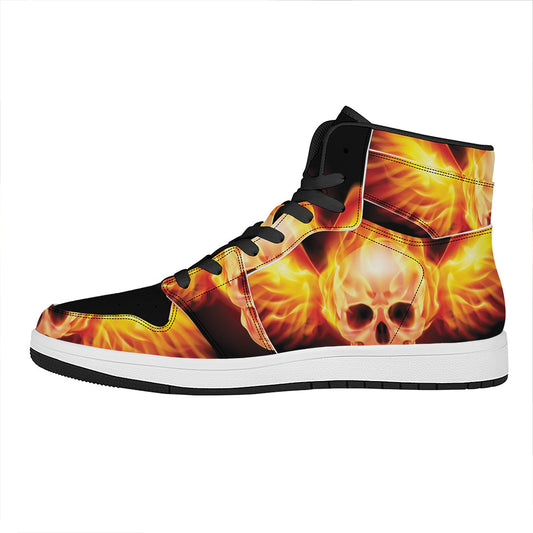 Flaming Skull With Fire Wings Print High Top Leather Sneakers