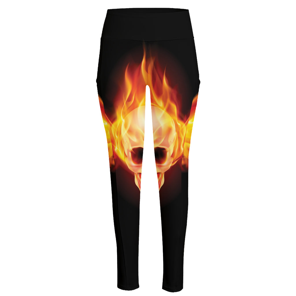 Flaming Skull With Fire Wings Print High-Waisted Pocket Leggings