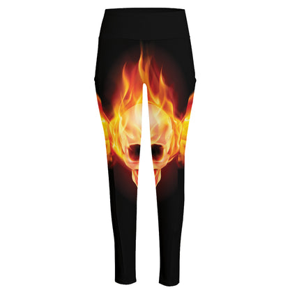 Flaming Skull With Fire Wings Print High-Waisted Pocket Leggings