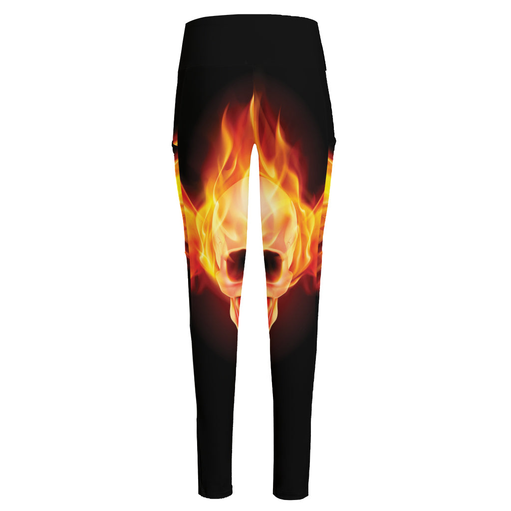 Flaming Skull With Fire Wings Print High-Waisted Pocket Leggings