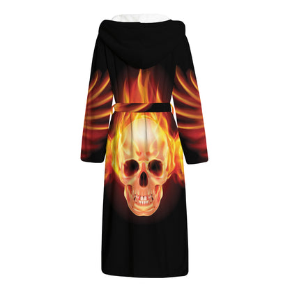 Flaming Skull With Fire Wings Print Hooded Bathrobe