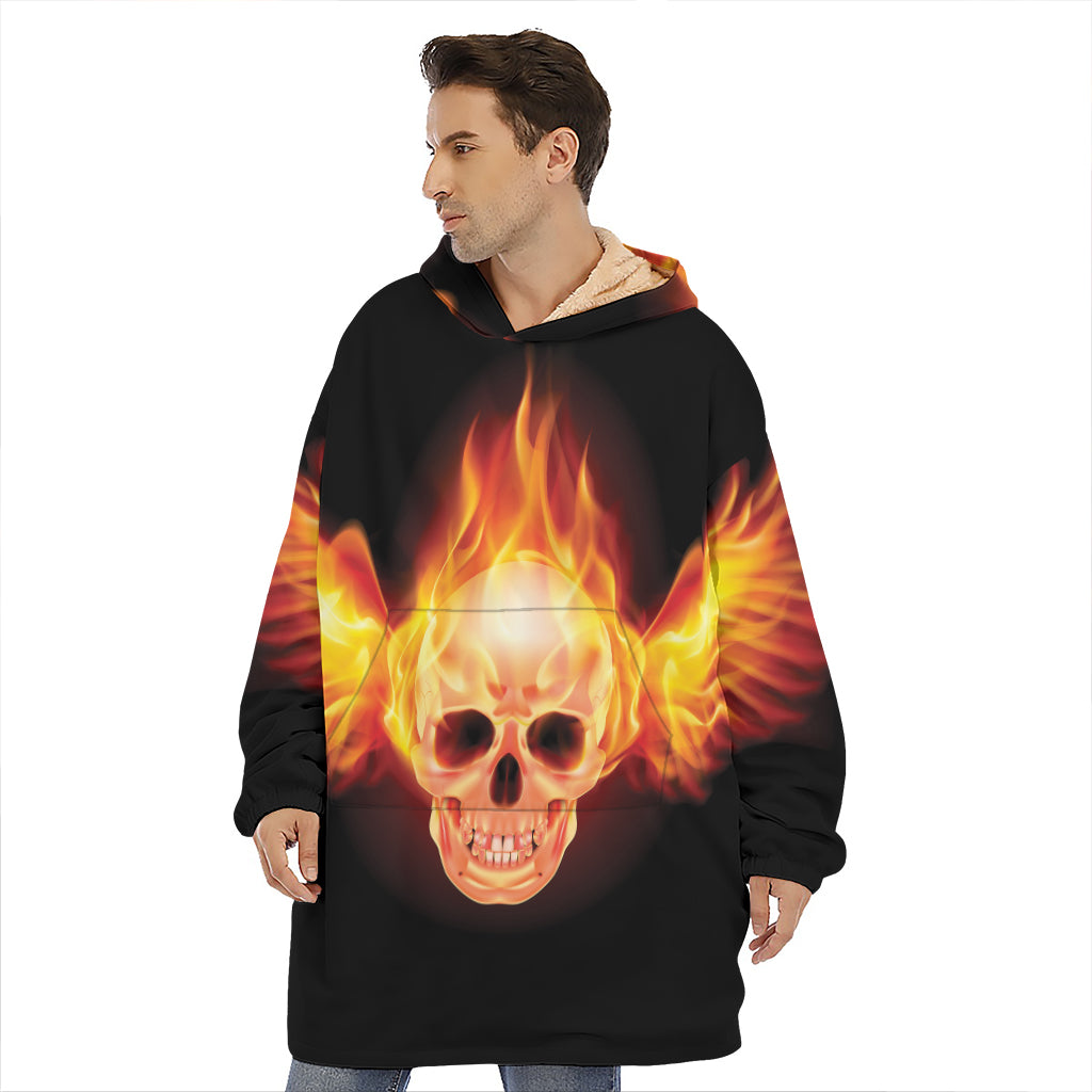 Flaming Skull With Fire Wings Print Hoodie Blanket