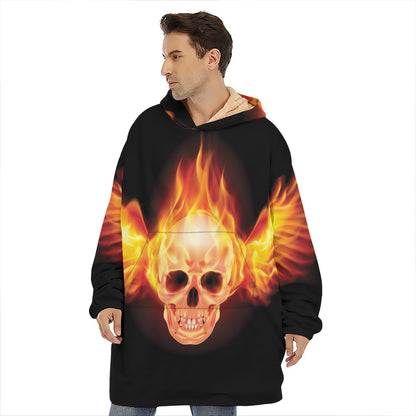 Flaming Skull With Fire Wings Print Hoodie Blanket
