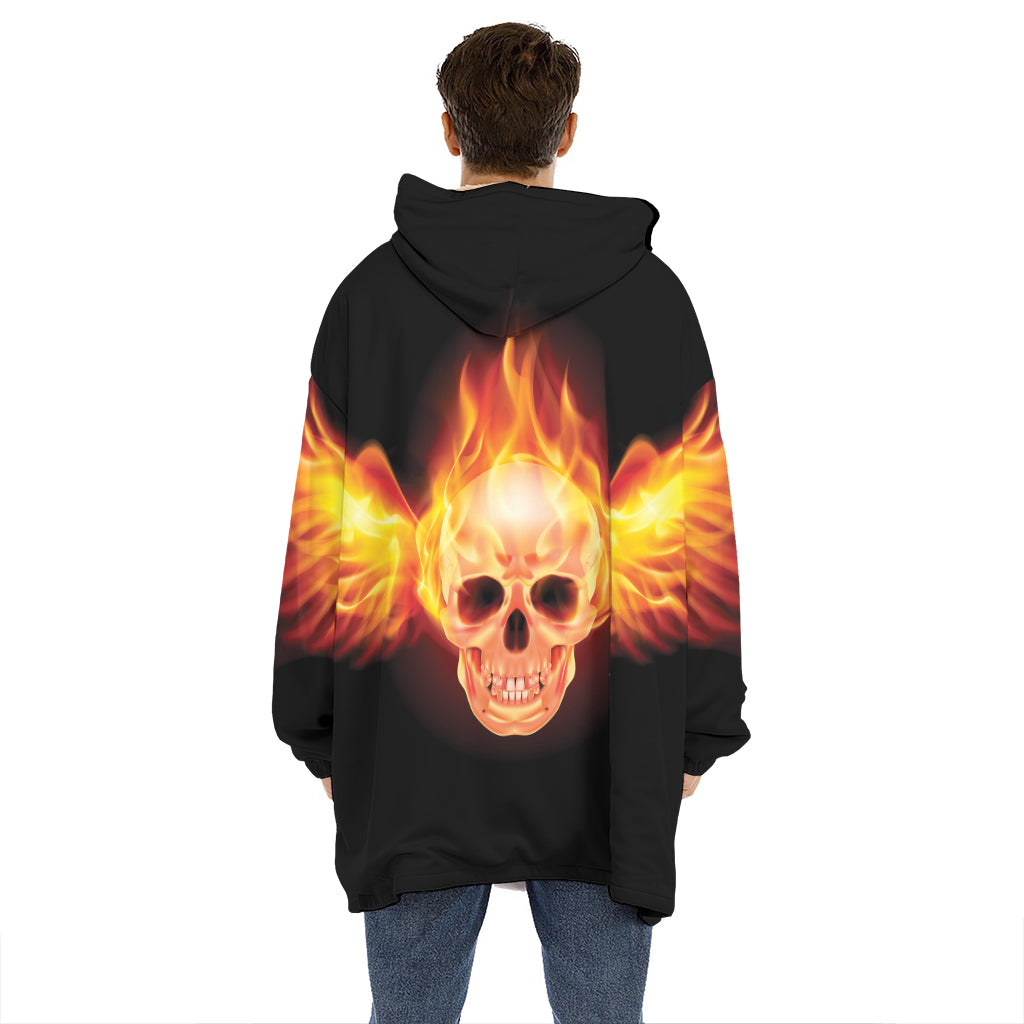 Flaming Skull With Fire Wings Print Hoodie Blanket