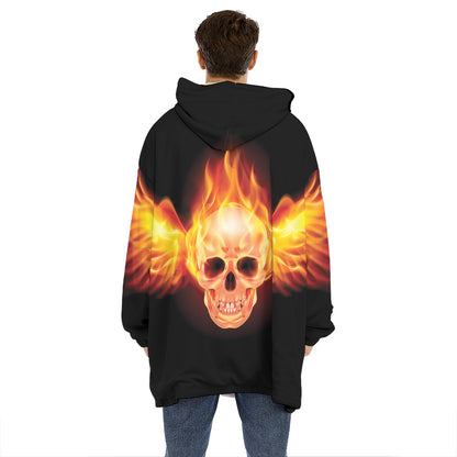 Flaming Skull With Fire Wings Print Hoodie Blanket