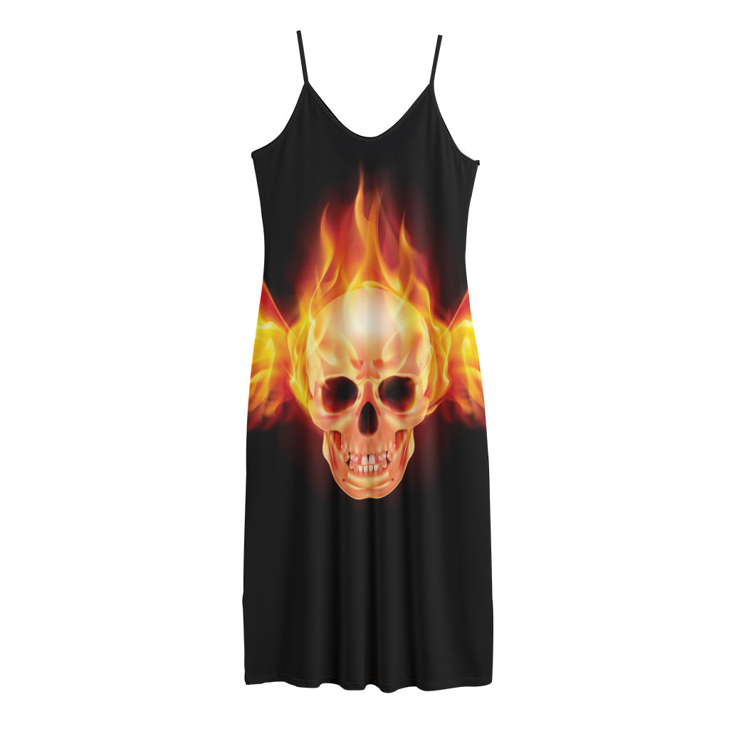 Flaming Skull With Fire Wings Print Jersey Midi Cami Dress