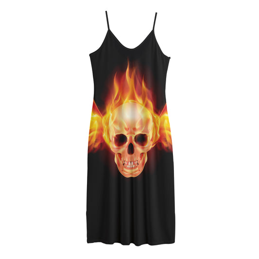 Flaming Skull With Fire Wings Print Jersey Midi Cami Dress