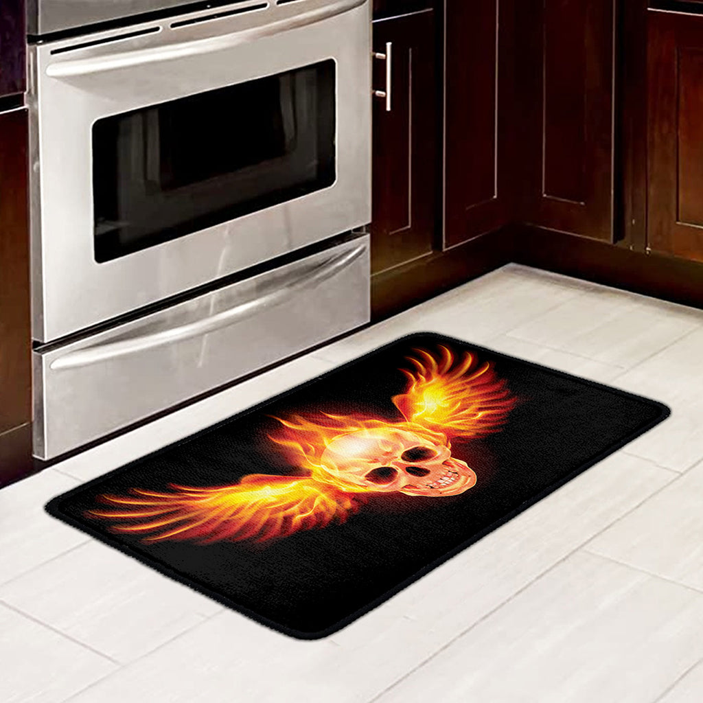 Flaming Skull With Fire Wings Print Kitchen Mat