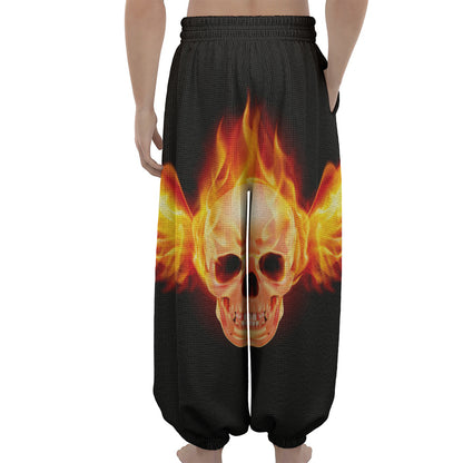 Flaming Skull With Fire Wings Print Lantern Pants