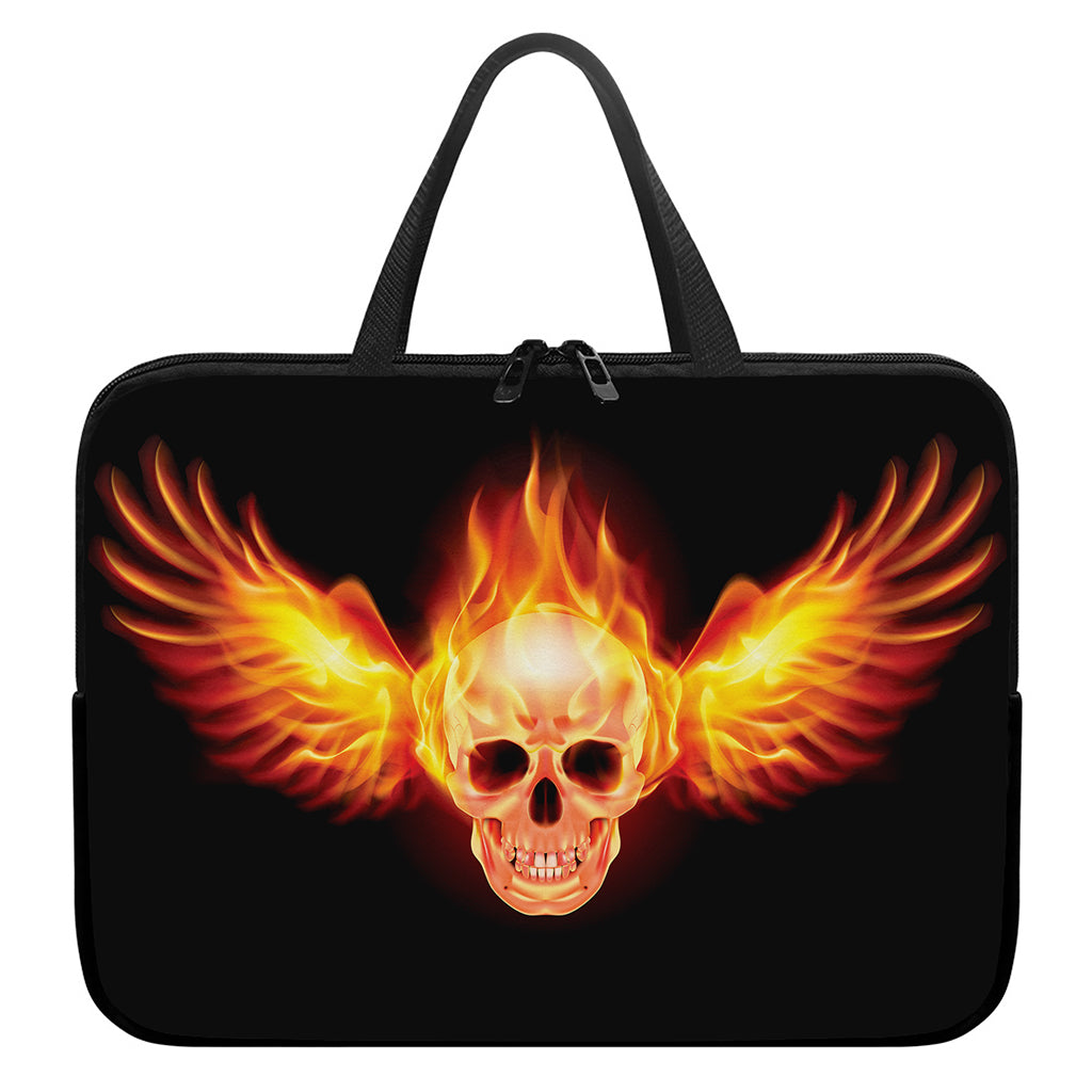 Flaming Skull With Fire Wings Print Laptop Sleeve With Handle