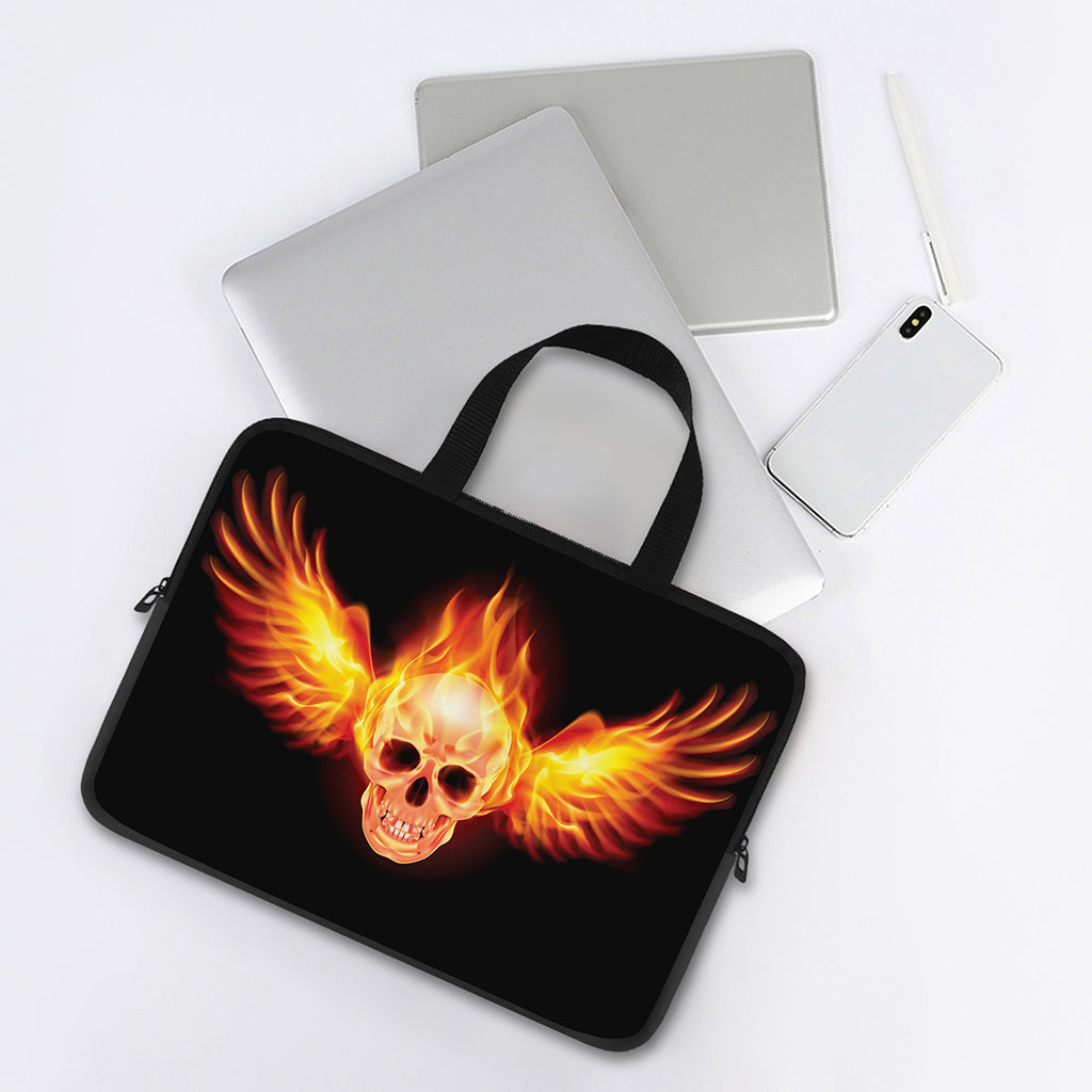 Flaming Skull With Fire Wings Print Laptop Sleeve With Handle