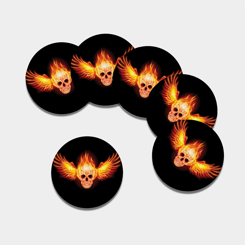 Flaming Skull With Fire Wings Print Leather Coaster Set