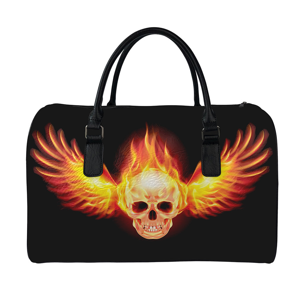 Flaming Skull With Fire Wings Print Leather Duffle Bag