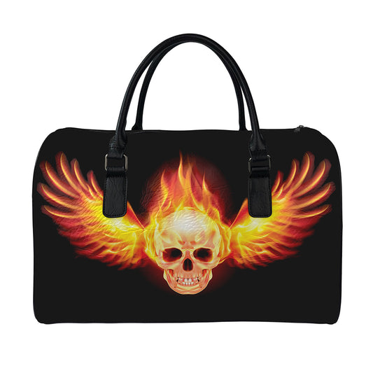 Flaming Skull With Fire Wings Print Leather Duffle Bag
