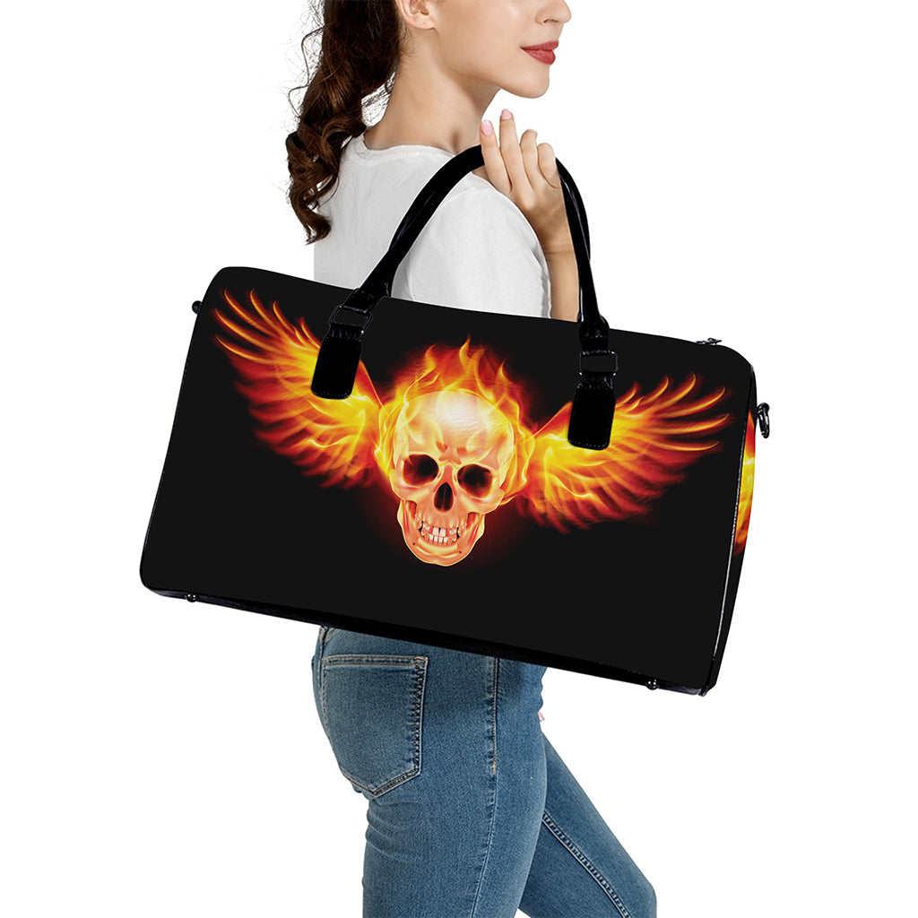 Flaming Skull With Fire Wings Print Leather Duffle Bag