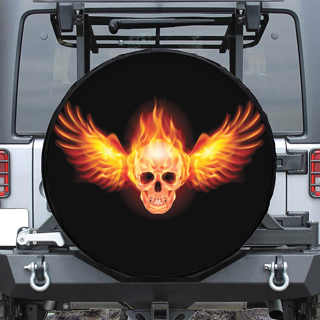 Flaming Skull With Fire Wings Print Leather Spare Tire Cover