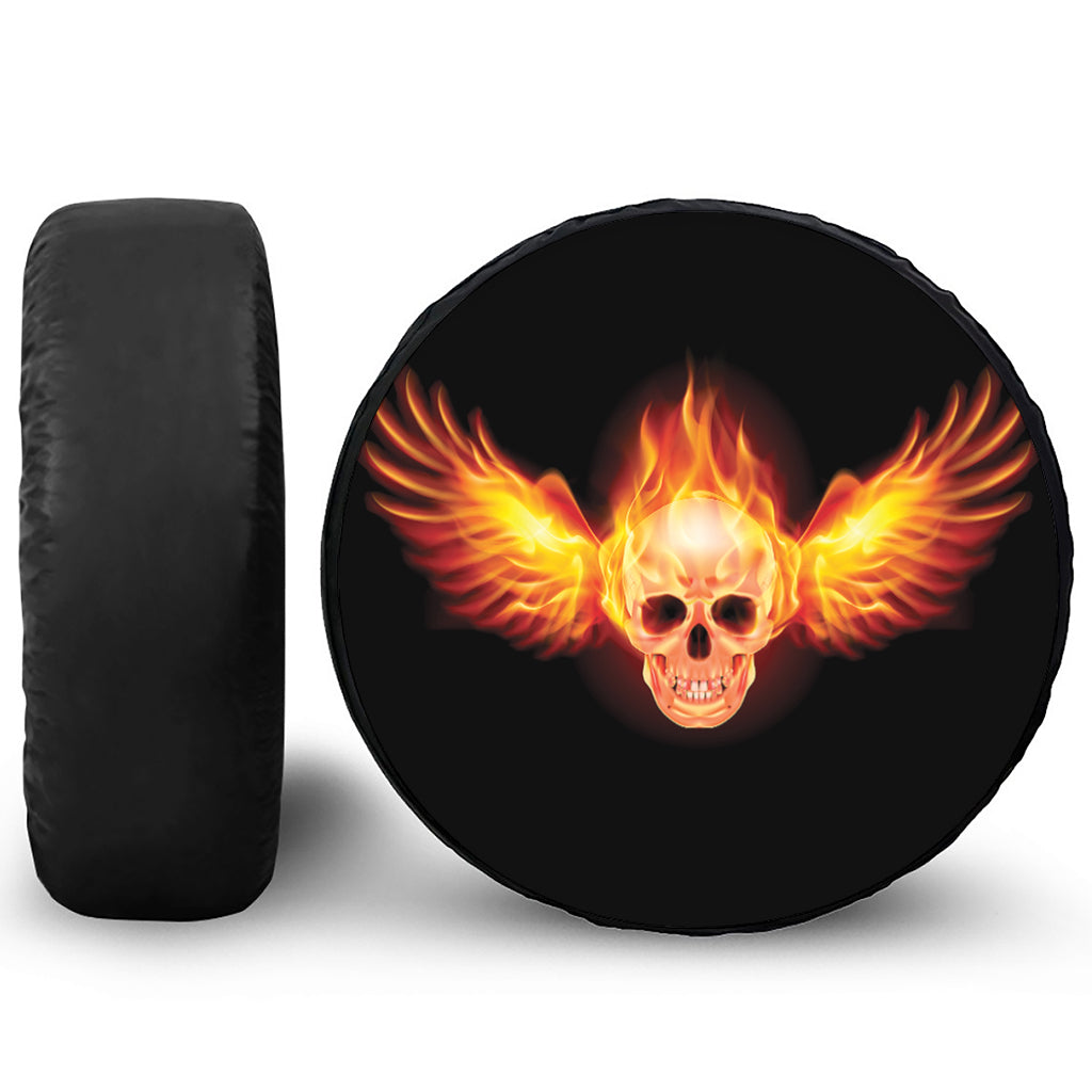 Flaming Skull With Fire Wings Print Leather Spare Tire Cover