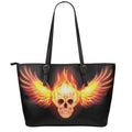 Flaming Skull With Fire Wings Print Leather Tote Bag With Zipper