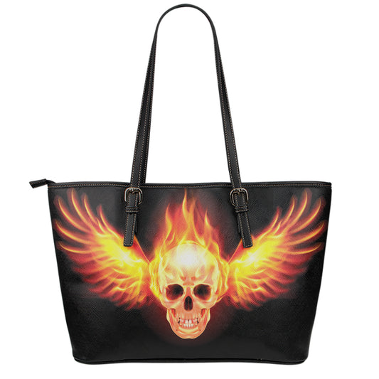 Flaming Skull With Fire Wings Print Leather Tote Bag
