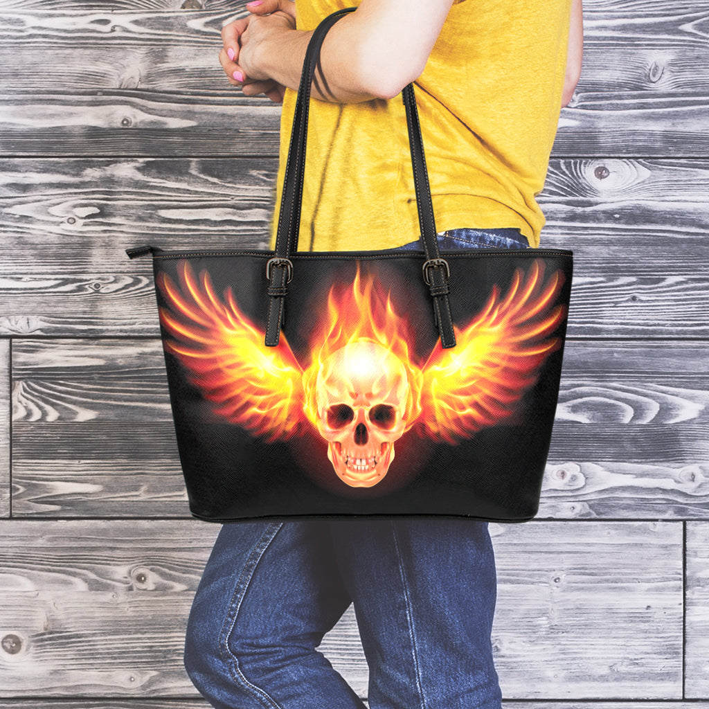 Flaming Skull With Fire Wings Print Leather Tote Bag