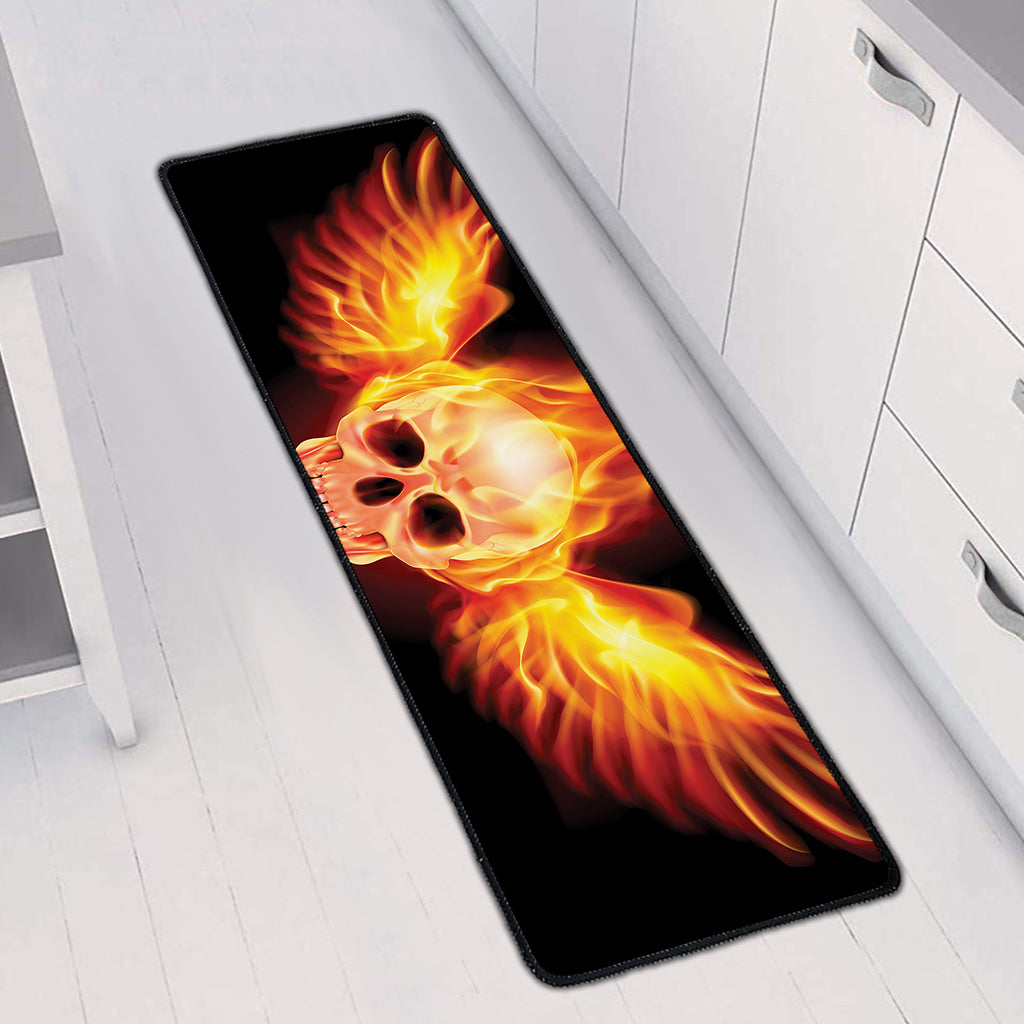 Flaming Skull With Fire Wings Print Long Kitchen Mat