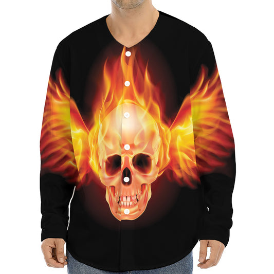 Flaming Skull With Fire Wings Print Long Sleeve Baseball Jersey
