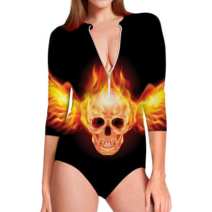 Flaming Skull With Fire Wings Print Long Sleeve Swimsuit