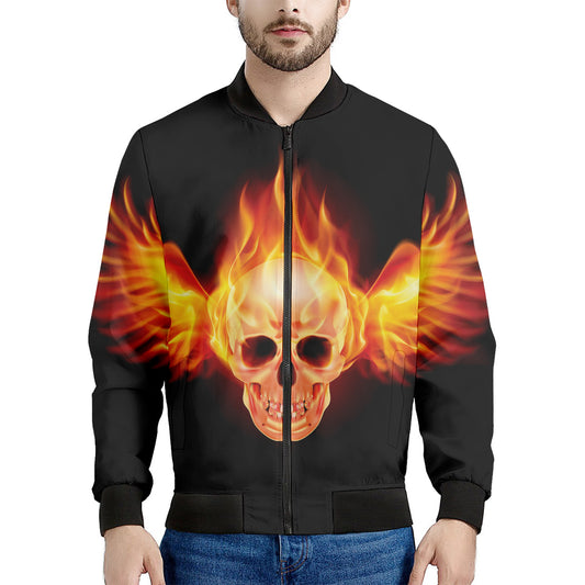 Flaming Skull With Fire Wings Print Men's Bomber Jacket