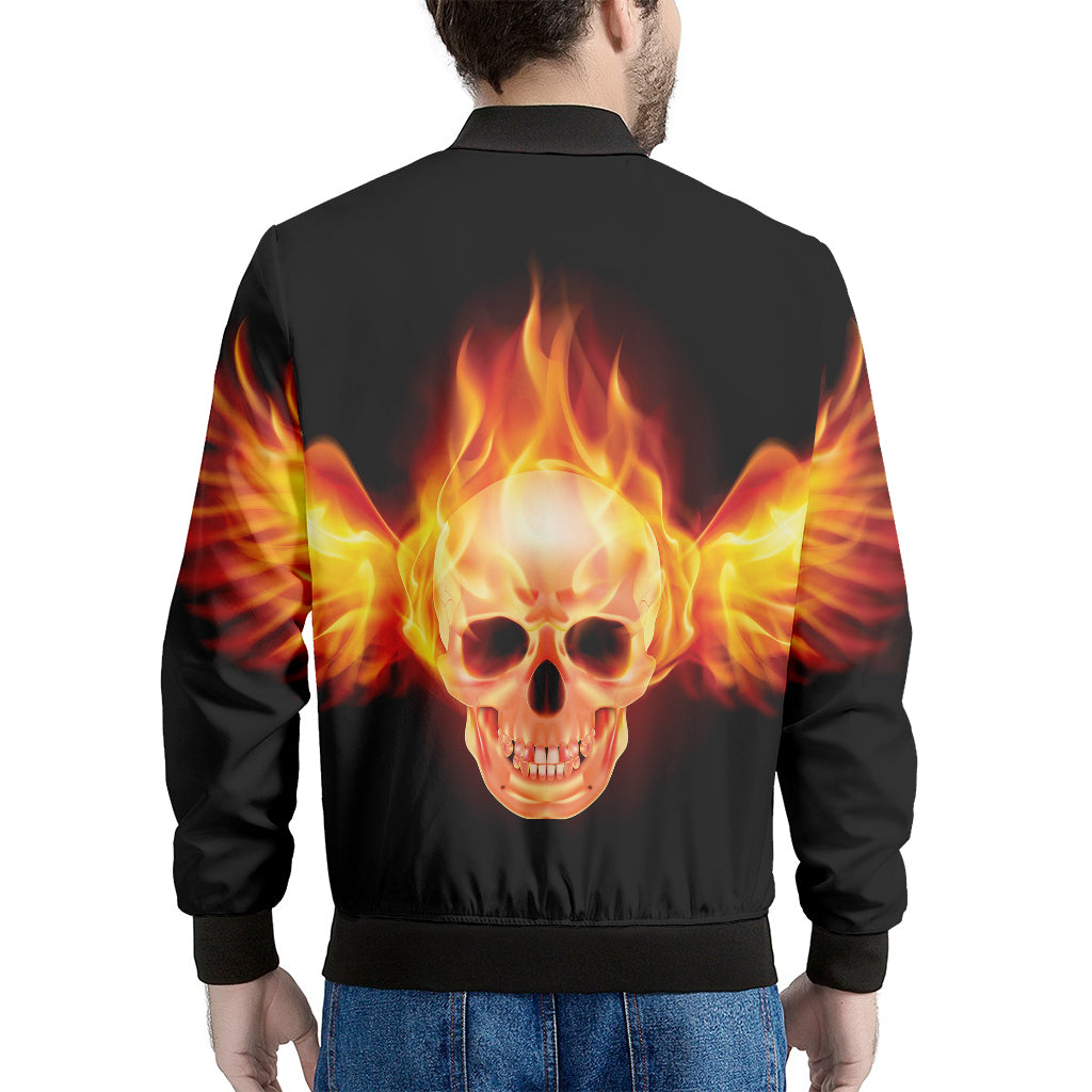 Flaming Skull With Fire Wings Print Men's Bomber Jacket