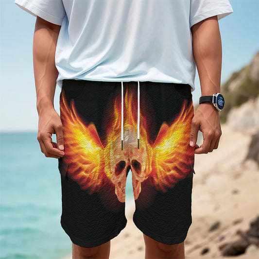 Flaming Skull With Fire Wings Print Men's Cargo Shorts